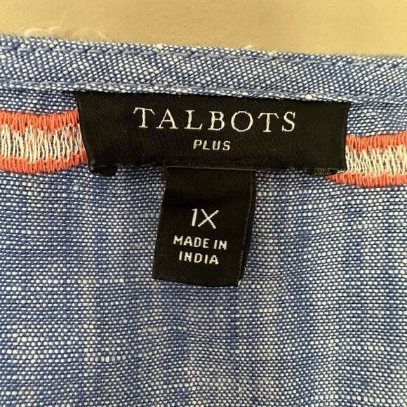 Talbots Embroidered Linen Cotton Split Neck Top Women 1X Floral Pineapple Beach - Picture 3 of 8